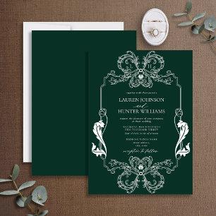 Invitation Ornat Green Floral Line Art Monogramme Mariage