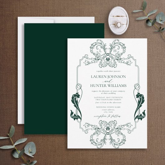 Invitation Ornat Green Floral Line Art Monogramme Mariage
