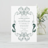 Invitation Ornat Green Floral Line Art Monogramme Mariage (Debout devant)