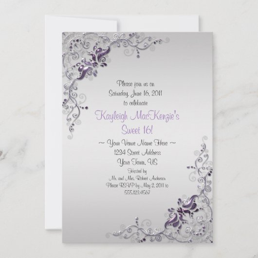 Invitation Ornat Purple Silver Swirls sur Silver Sweet 16 (Devant)