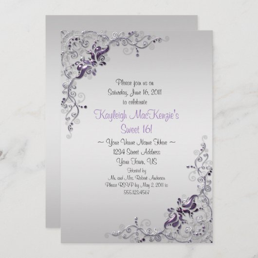 Invitation Ornat Purple Silver Swirls sur Silver Sweet 16 (Devant / Derrière)