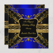 Invitation Ornat Royal Blue Black Gold fête d'anniversaire (Devant / Derrière)