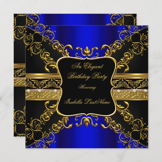 Invitation Ornat Royal Blue Black Gold fête d'anniversaire (Devant / Derrière)