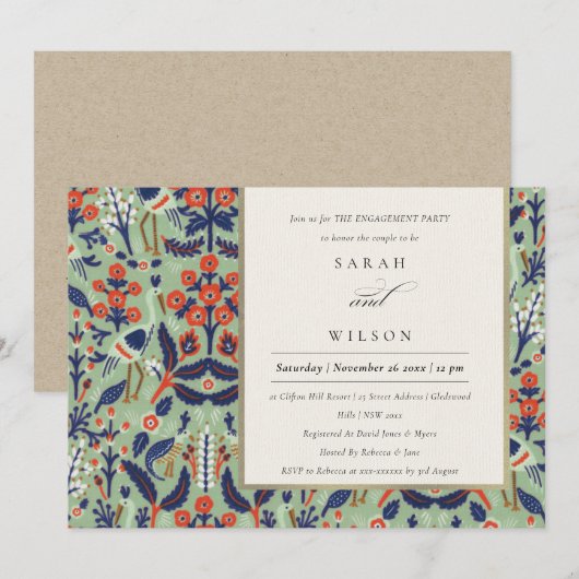 Invitation Ornat Turquoise Classy Floral Peacock Fiançailles (Devant / Derrière)