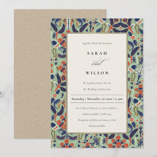 Invitation Ornat Turquoise Classy Floral Peacock Mariage (Devant / Derrière)
