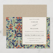 Invitation Ornat Turquoise Classy Floral Peacock Mariage (Devant / Derrière)