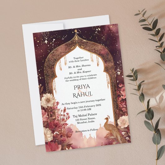 Invitation Ornate Elegant Gold Floral Indian Arch Wedding