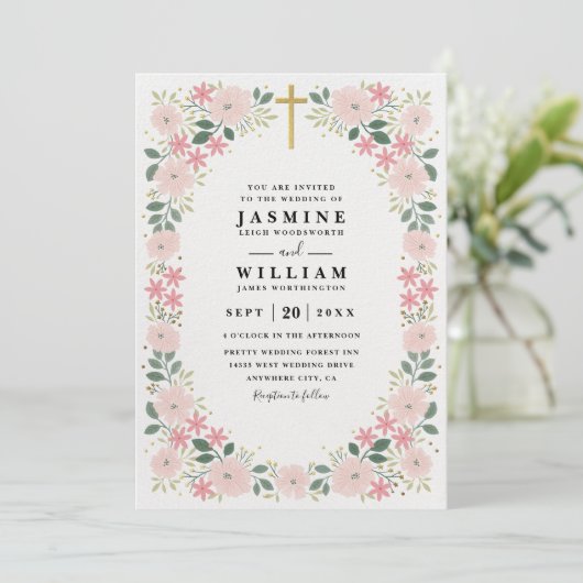 Invitation Ornate Embossed Graceful Bloom QR Code Wedding (Debout devant)