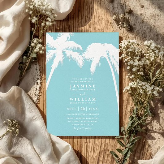 Invitation Ornate Embossed Tropical Palm QR Code Wedding