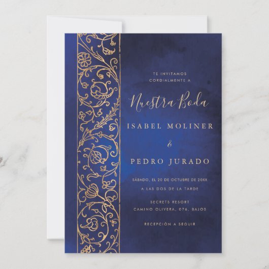 Invitation Ornate Floral Gold Blue Nuestra Boda Wedding (Devant)