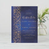 Invitation Ornate Floral Gold Blue Nuestra Boda Wedding (Debout devant)