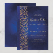 Invitation Ornate Floral Gold Blue Nuestra Boda Wedding (Devant / Derrière)