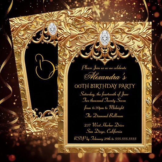 Invitation Ornate Gold Black Elegant Birthday Party Diamonds