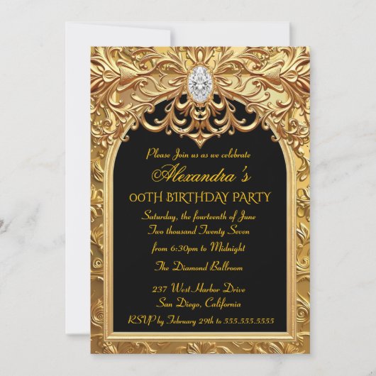 Invitation Ornate Gold Black Elegant Birthday Party Diamonds (Devant)