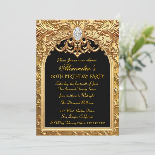 Invitation Ornate Gold Black Elegant Birthday Party Diamonds (Debout devant)