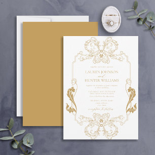 Invitation Ornate Gold Floral Line Art Monogram Wedding