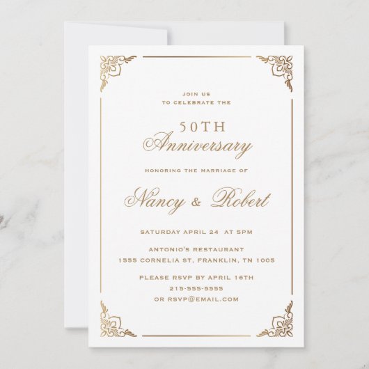 Invitation Ornate Gold Frame Blanc 50e anniversaire Mariage (Devant)