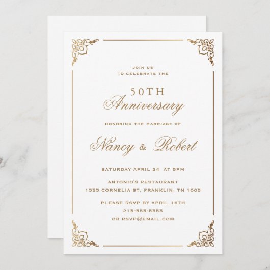 Invitation Ornate Gold Frame Blanc 50e anniversaire Mariage (Devant / Derrière)