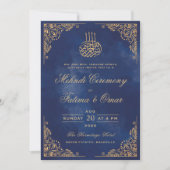 Invitation Ornate Gold Frame Muhndi Bleu islamique Cérémonie (Devant)