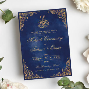 Invitation Ornate Gold Frame Muhndi Bleu islamique Cérémonie