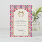 Invitation Ornate Hot Pink Gold Classy Floral Laurel Mariage (Debout devant)