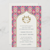 Invitation Ornate Hot Pink Gold Classy Floral Laurel Mariage (Devant / Derrière)