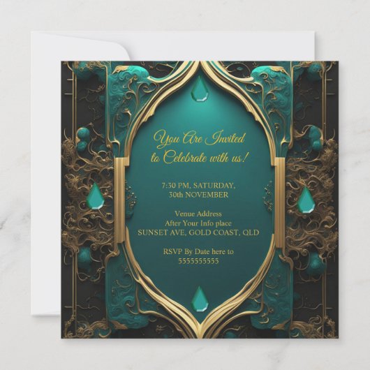 Invitation Ornate Jade Emerald gem Gold Anniversaire (Dos)
