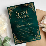 Invitation Ornate or Bordure verte Sweet sixteen 16 Anniversa<br><div class="desc">Bordure or Ornate Emerald Sweet sixteen vert 16 Anniversaire</div>