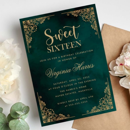 Invitation Ornate or Bordure verte Sweet sixteen 16 Anniversa