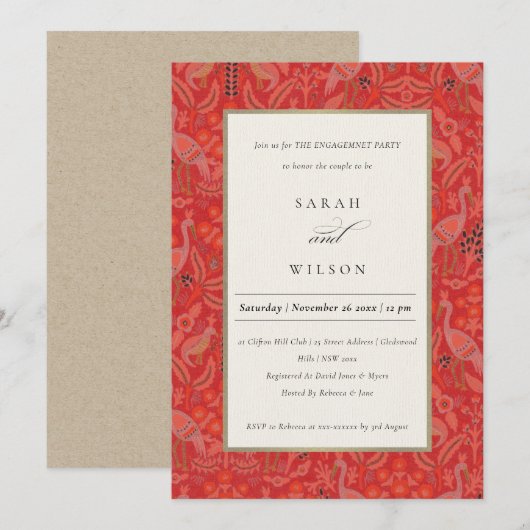 Invitation Ornate Red Classy Flora Peacock Motif Fiançailles (Devant / Derrière)