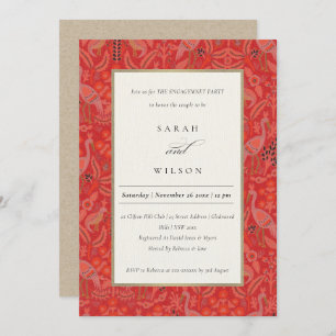 Invitation Ornate Red Classy Flora Peacock Motif Fiançailles