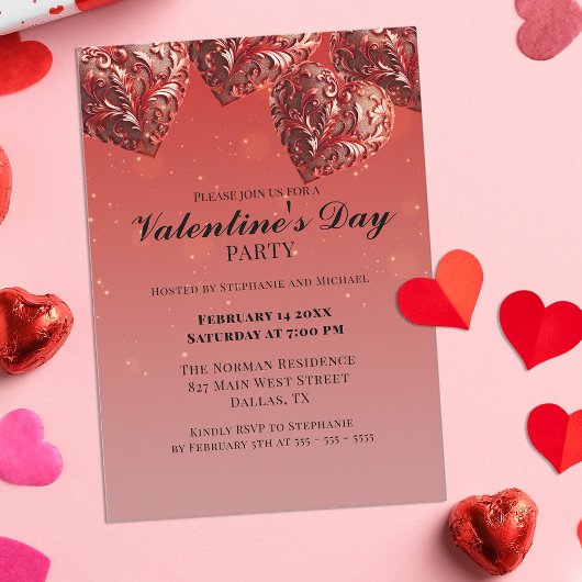 Invitation Ornate Red Metallic Hearts Saint Valentin