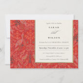 Invitation Ornate Rouge Classé Floral Peacock Motif Mariage (Devant)