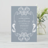Invitation Orné Dusty Blue Floral Line Art Monogramme Mariage (Debout devant)