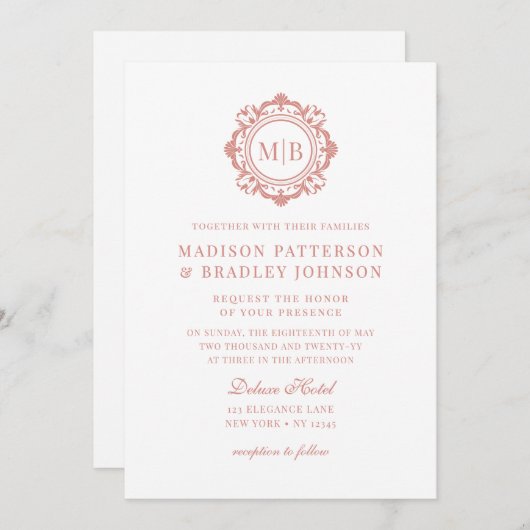 Invitation Orné Floral Monogramme Mariage Élégant Rose Or (Devant / Derrière)