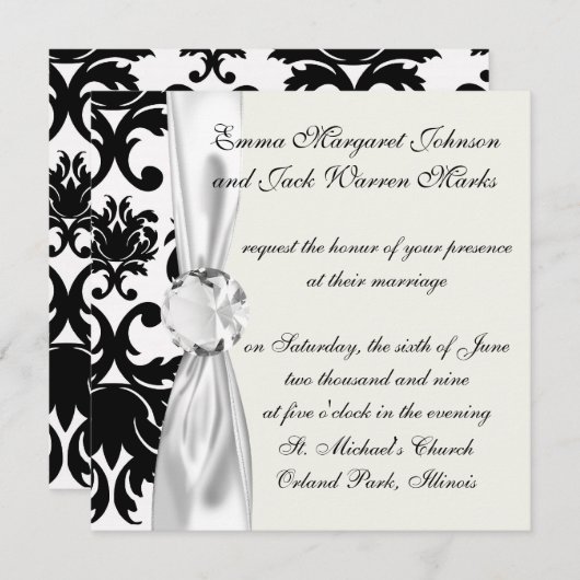Invitation orné formel noir blanc damassé (Devant / Derrière)
