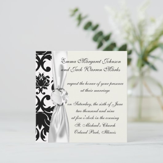 Invitation orné formel noir blanc damassé (Debout devant)