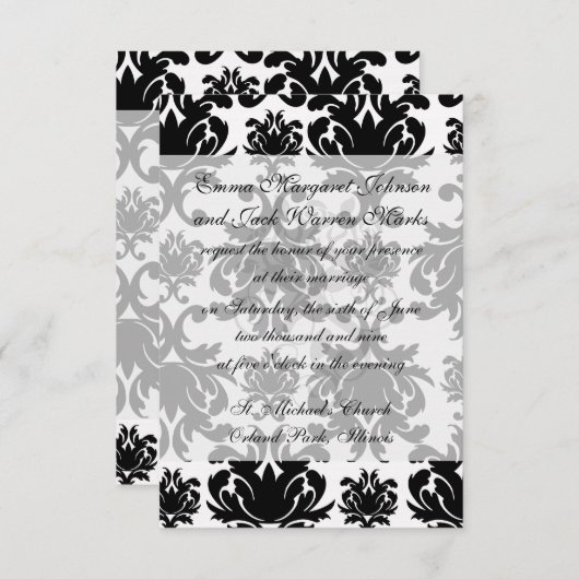Invitation orné formel noir blanc damassé (Devant / Derrière)