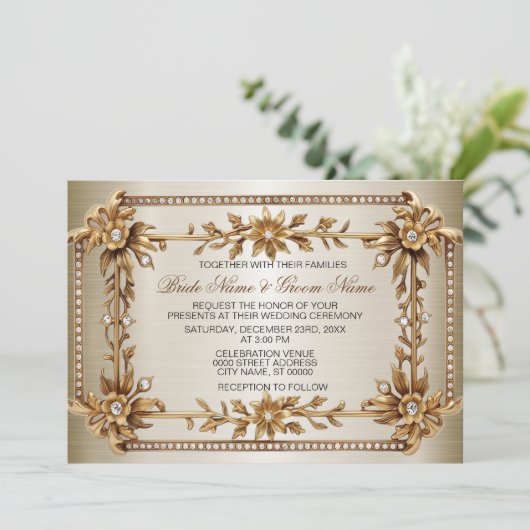 Invitation Orné Or Rectangle Fleurs Dimond Mariage brillant (Debout devant)