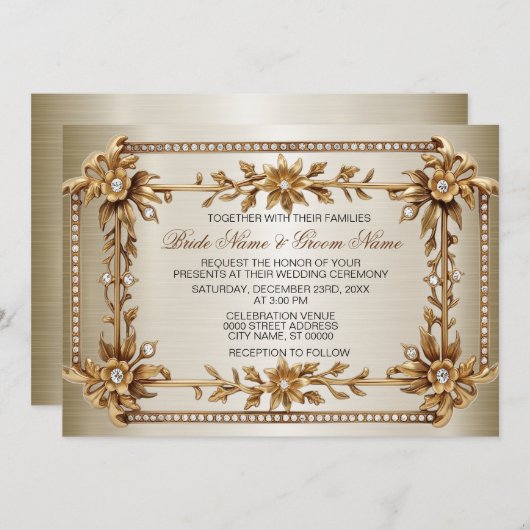 Invitation Orné Or Rectangle Fleurs Dimond Mariage brillant (Devant / Derrière)