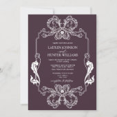 Invitation Orné Violet Floral Line Art Monogramme Mariage (Devant)