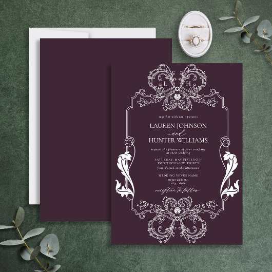 Invitation Orné Violet Floral Line Art Monogramme Mariage