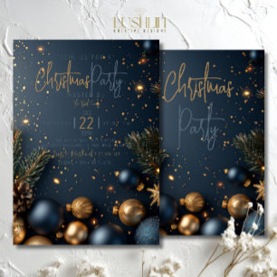 Invitation Ornement Bleu Or avec Verdure Fêtes de Noël