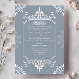 Invitation Ornement Bleu Poussiéreux Blanc Mariage Islamique