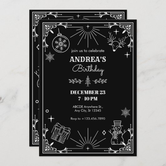 Invitation Ornement de Noël art déco noir (Devant / Derrière)