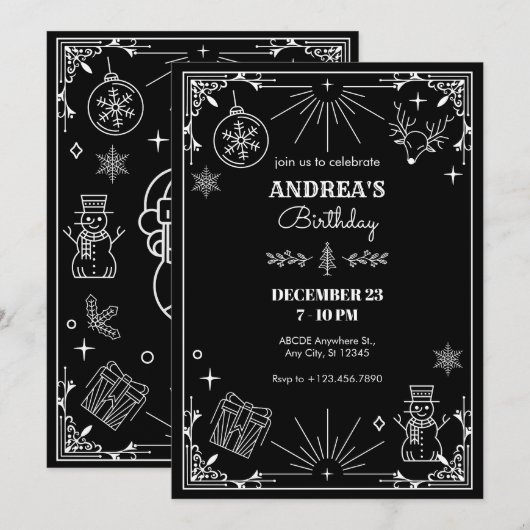 Invitation Ornement de Noël noir art déco (Devant / Derrière)