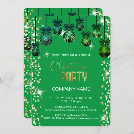 Invitation Ornement vert de Noël, diamants, flocons de neige (Devant / Derrière)