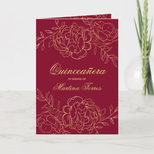 Invitation Ornemental Quinceanera floral or et rouge burgundy