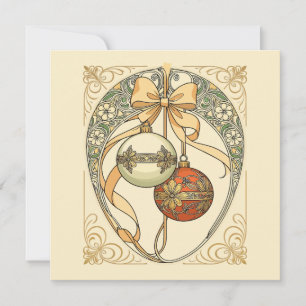 Invitation Ornements de Noël Beige et Rouge Art Nouveau