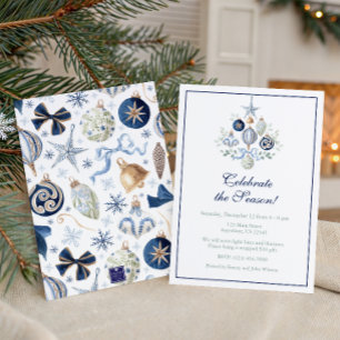 Invitation Ornements de Noël Bleu Aquarelle Fête